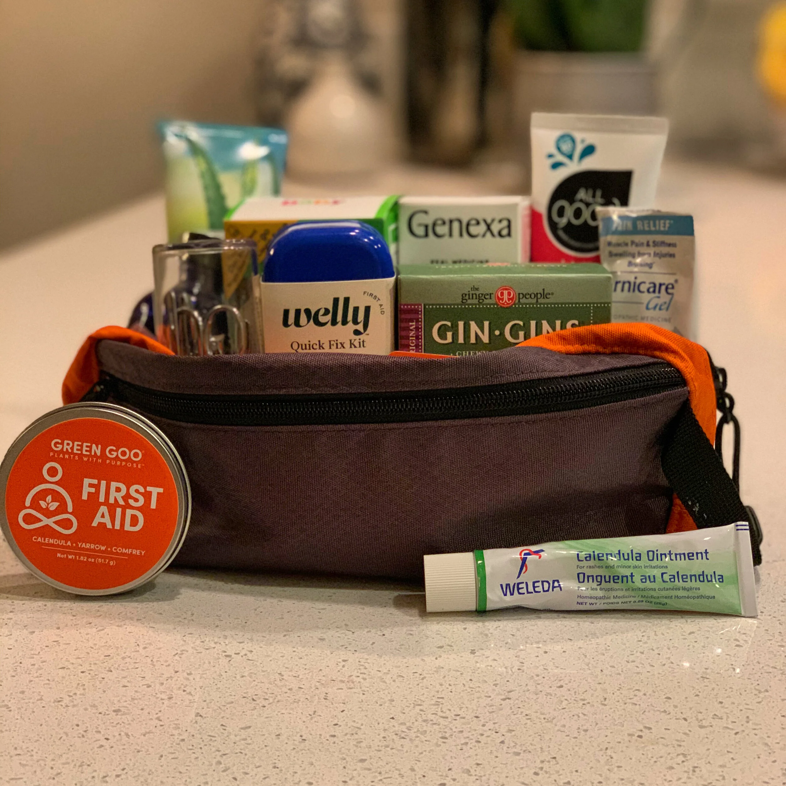 A first aid travel kit bag surrounded by items including Green Goo salve, Weleda calendula ointment, Welly Quick Fix Kit, Genexa medicine, Gin Gins ginger chews, Arnicare gel, and All Good sunscreen