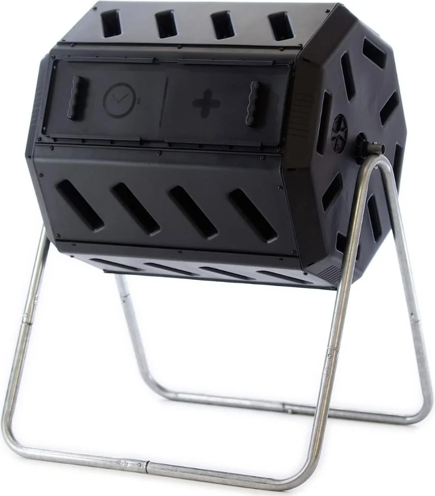 Black tumbling composter bin with sliding vents, mounted on a metal frame stand for easy rotation