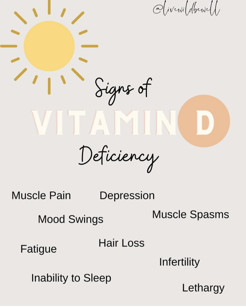 Signs of Vitamin D Deficiency: muscle pain, depression, mood swings, muscle spasms, fatigue, hair loss, infertility, inability to sleep, lethargy