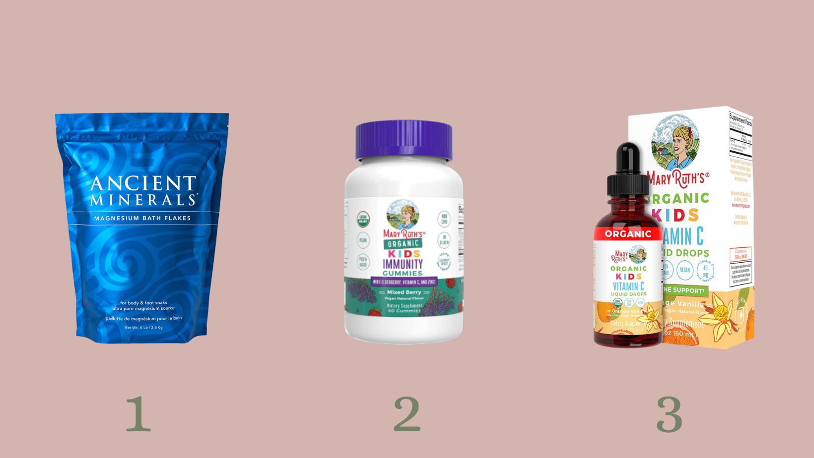 Three product options: 1. Ancient Minerals Magnesium Bath Flakes, 2. Mary Ruth's Organic Kids Immunity Gummies, 3. Mary Ruth's Organic Kids Vitamin C Liquid Drops