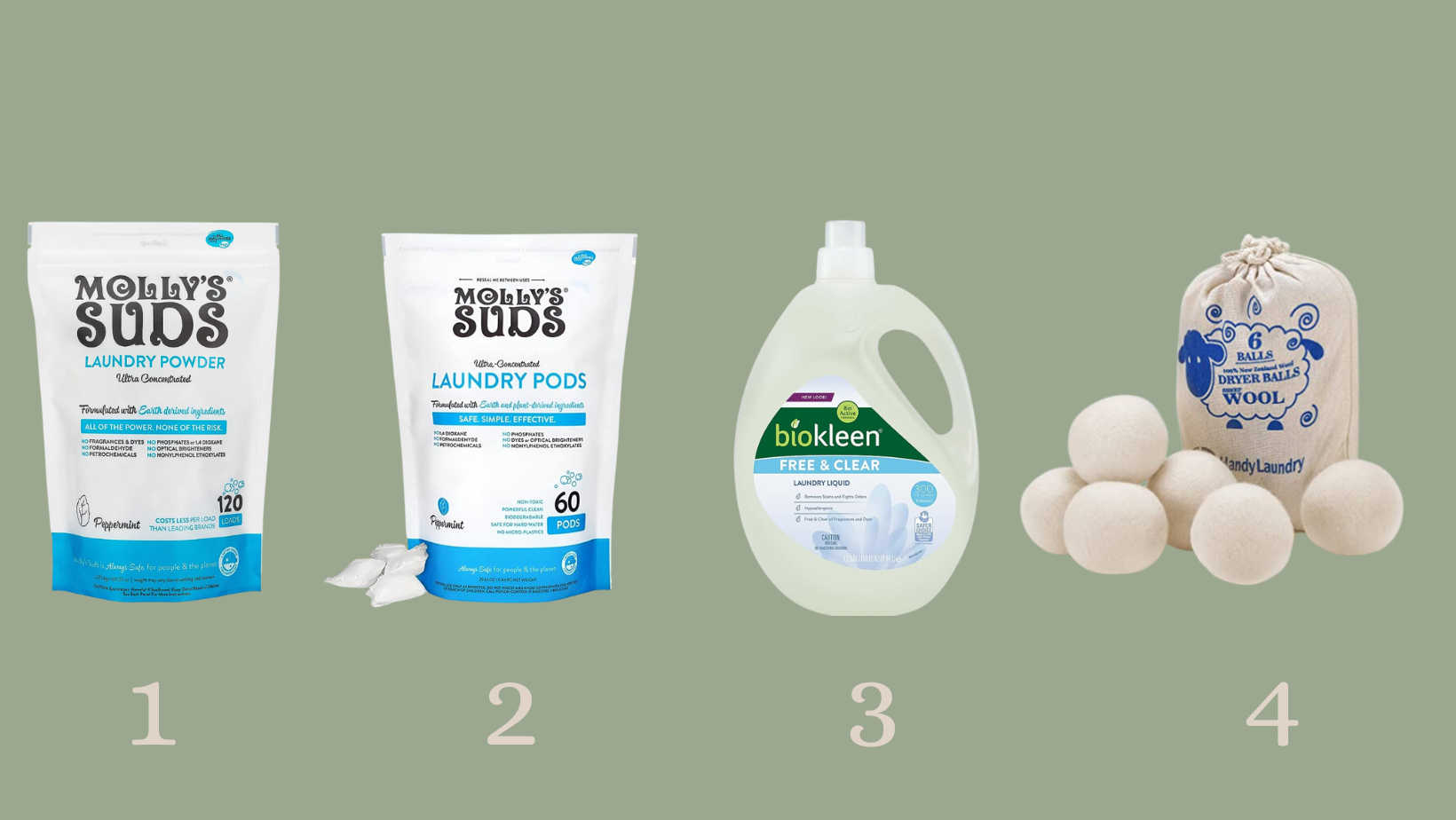 Four eco-friendly laundry products: Molly's Suds Laundry Powder, Molly's Suds Laundry Pods, Biokleen Free & Clear Laundry Liquid, and a set of 6 wool dryer balls