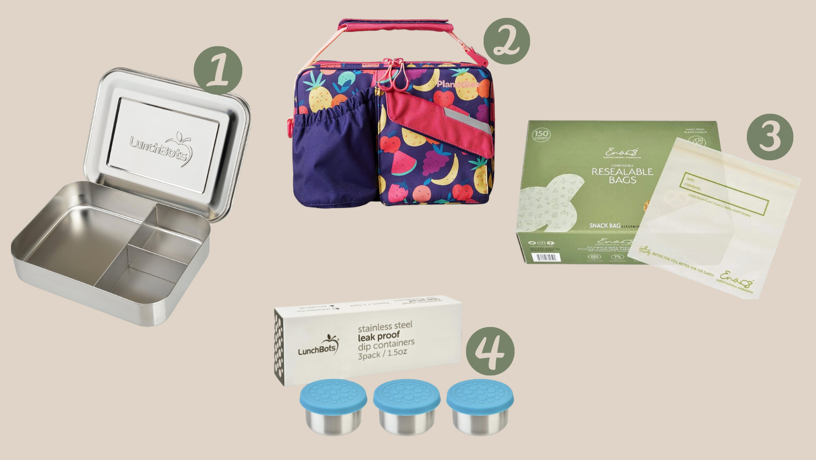 Four numbered lunch essentials: 1) LunchBots stainless steel divided container, 2) PlanetBox insulated fruit-print lunch bag, 3) EarthS compostable resealable snack bags, 150 count, 4) LunchBots stainless steel leak-proof dip containers, 3-pack, 1.5oz, with blue lids