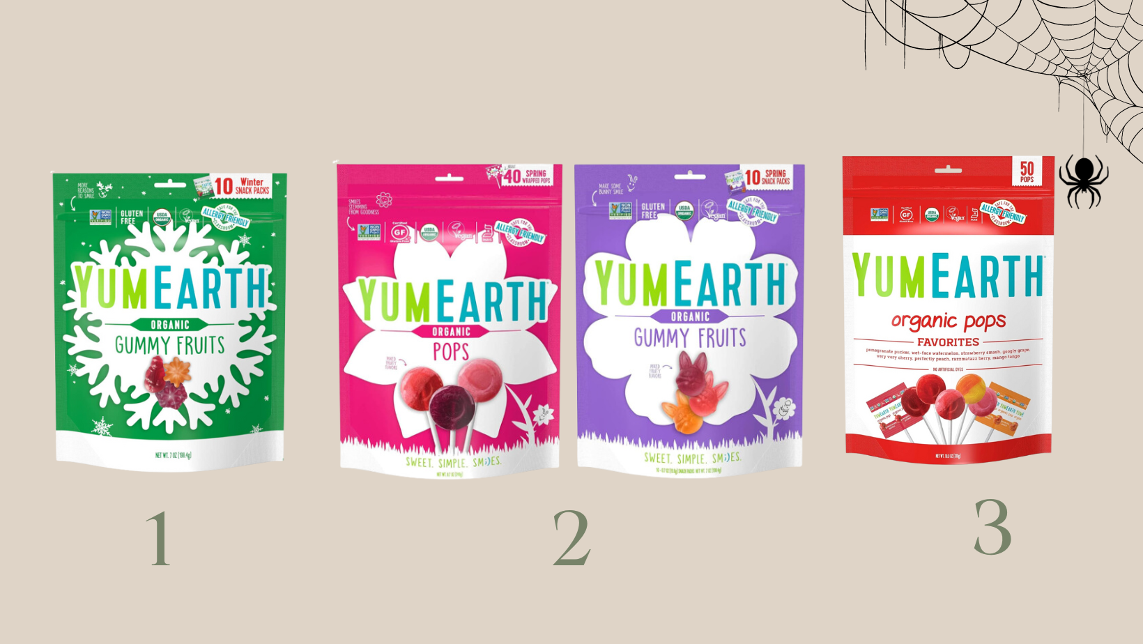 Three YumEarth product bags: organic gummy fruits winter snack packs, spring organic pops and gummy fruits, and organic pops favorites variety bag