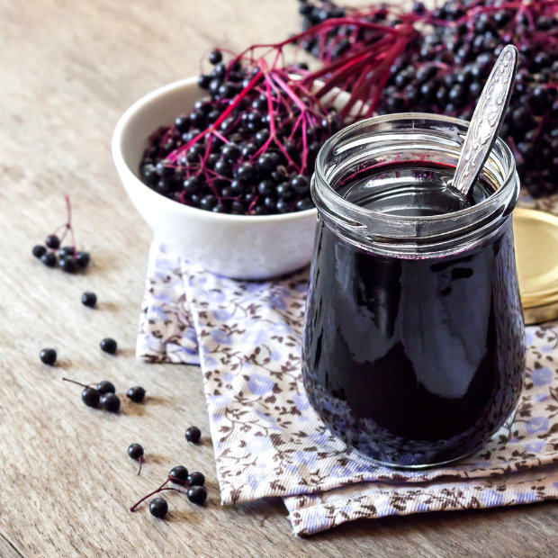 Jar of dark elderberry syrup with a spoon, surrounded by fresh elderberry clusters and a bowl of berries