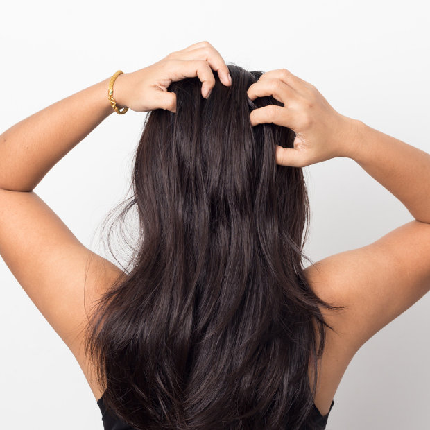 Woman viewed from behind massaging her scalp with both hands through long, dark hair