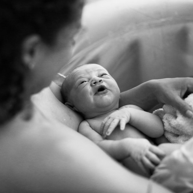 Newborn baby resting in a parent's arms, eyes half-open, being gently cradled